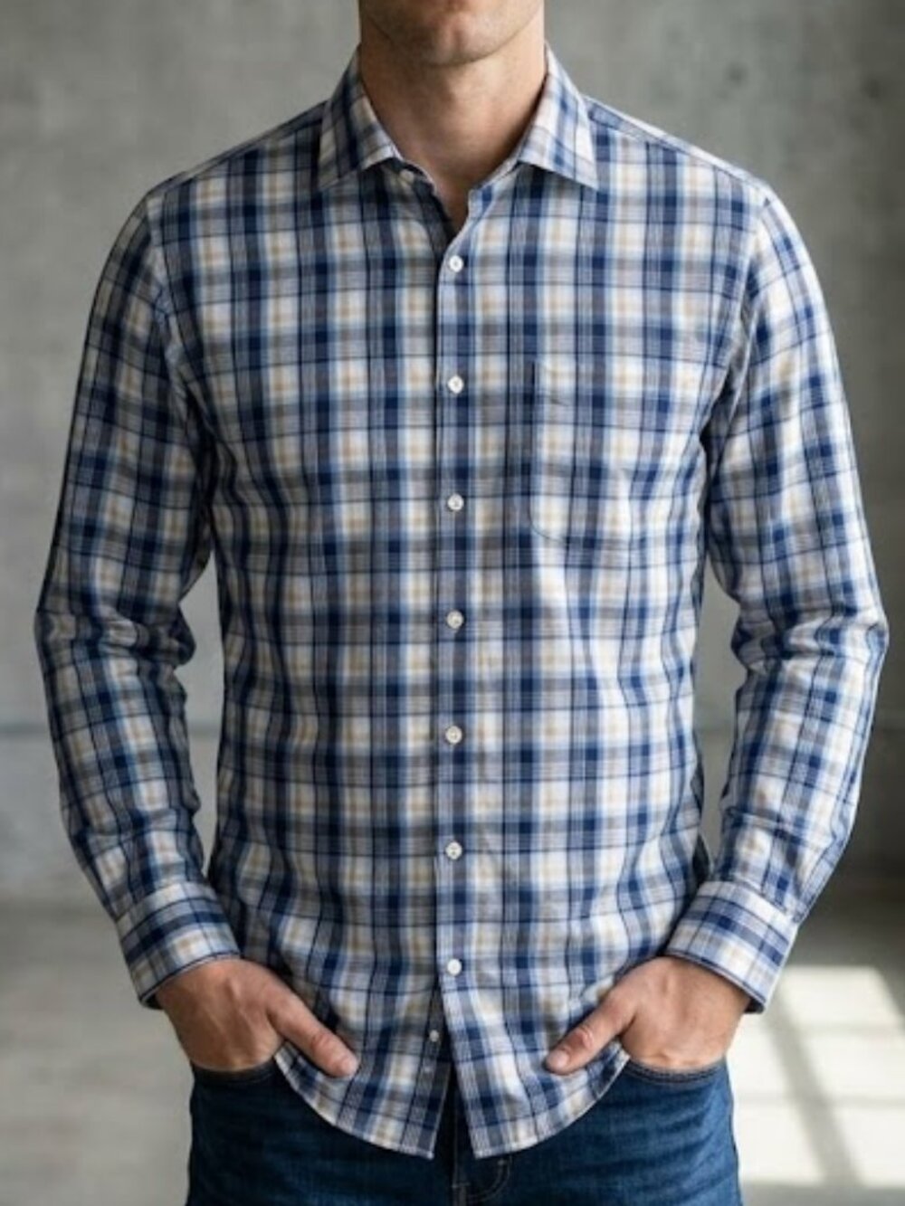 Peter Millar Crown Comfort Plaid Button Down Shirt Blue Tan Men's L